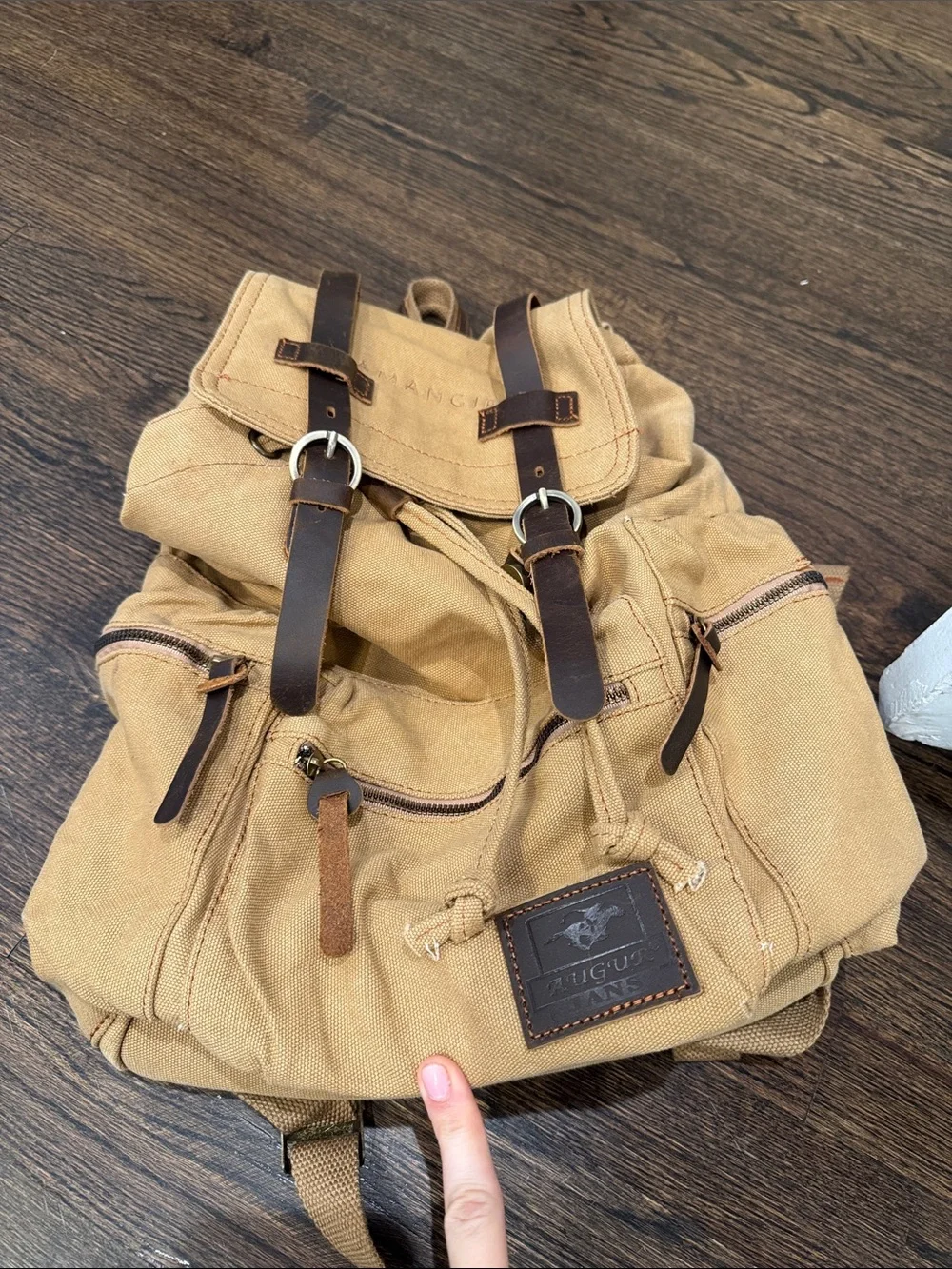Canvas Drawstring Backpack with Brown Leather Straps - AMANGIR